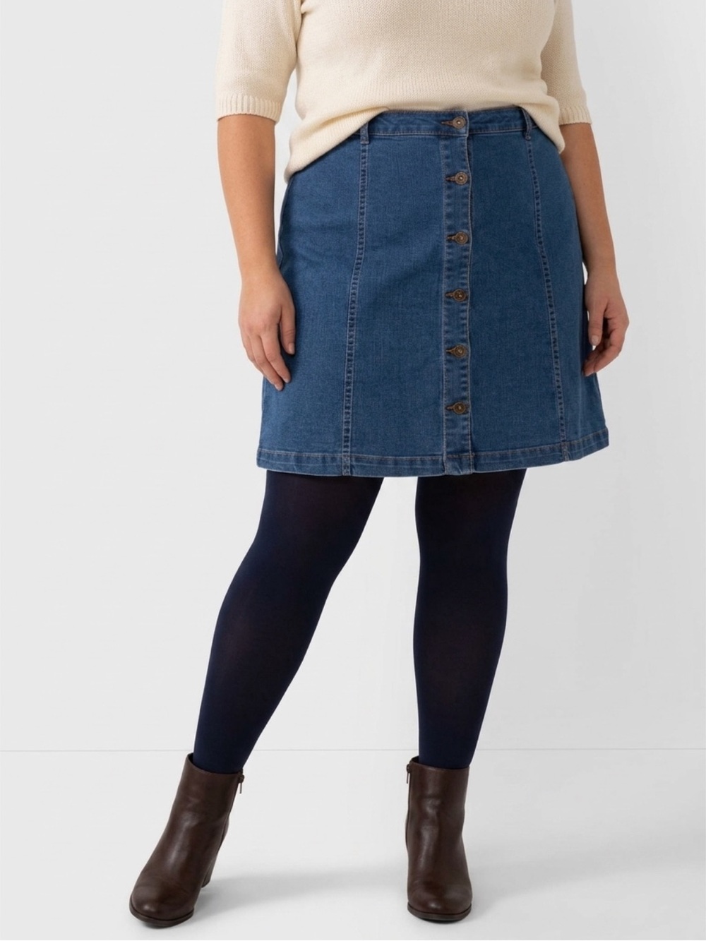 Woman Within Button-Front Denim A-Line Skirt in Blue